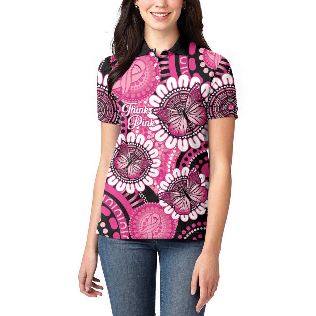Personalised Australia Indigenous Women Polo Shirt Breast Cancer Ribbon Think Pink - Black Version LT14
