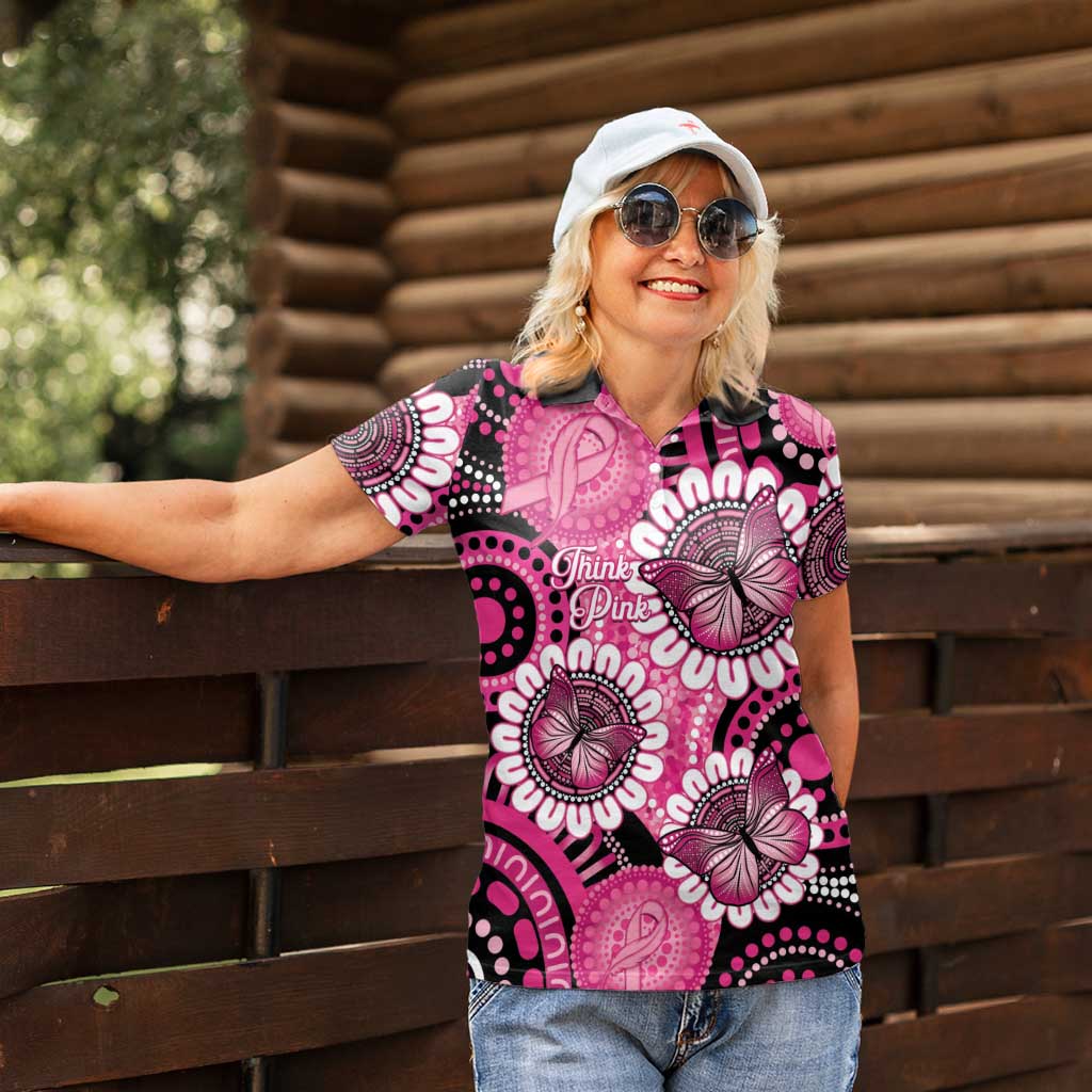 Personalised Australia Indigenous Women Polo Shirt Breast Cancer Ribbon Think Pink - Black Version LT14