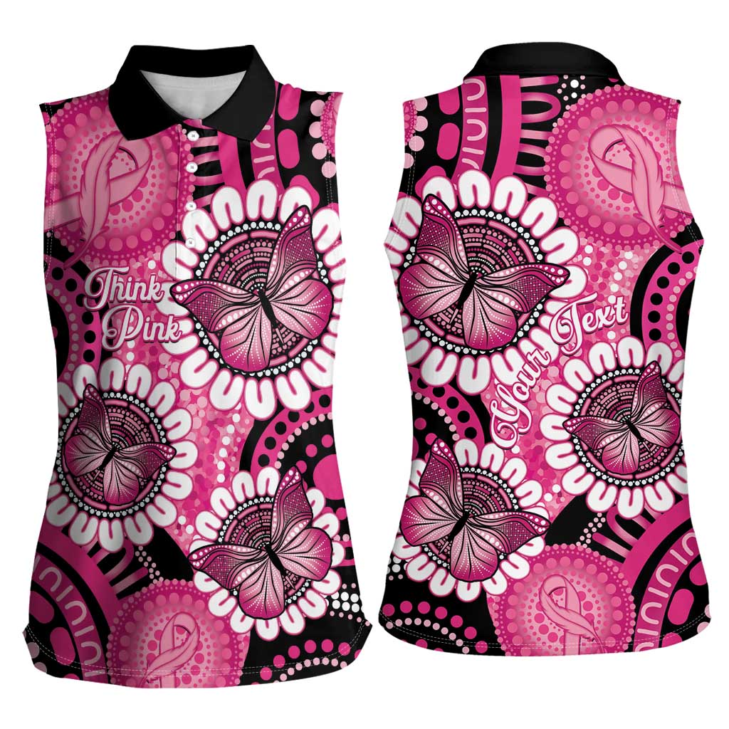 Personalised Australia Indigenous Women Sleeveless Polo Shirt Breast Cancer Ribbon Think Pink - Black Version LT14