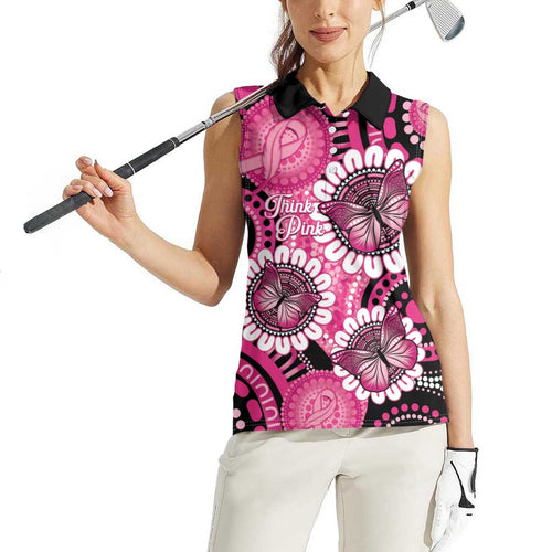 Personalised Australia Indigenous Women Sleeveless Polo Shirt Breast Cancer Ribbon Think Pink - Black Version LT14