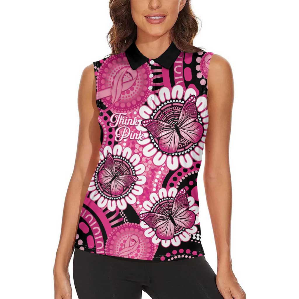 Personalised Australia Indigenous Women Sleeveless Polo Shirt Breast Cancer Ribbon Think Pink - Black Version LT14