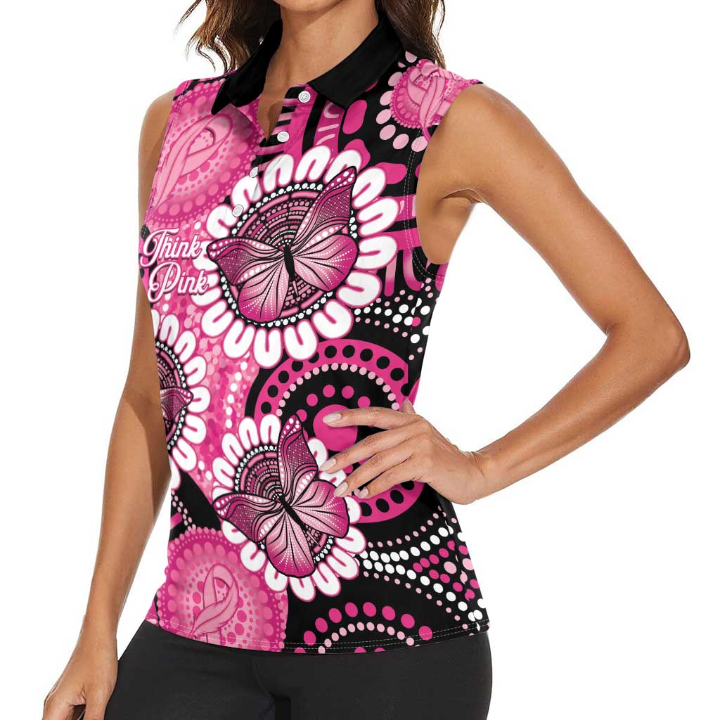 Personalised Australia Indigenous Women Sleeveless Polo Shirt Breast Cancer Ribbon Think Pink - Black Version LT14