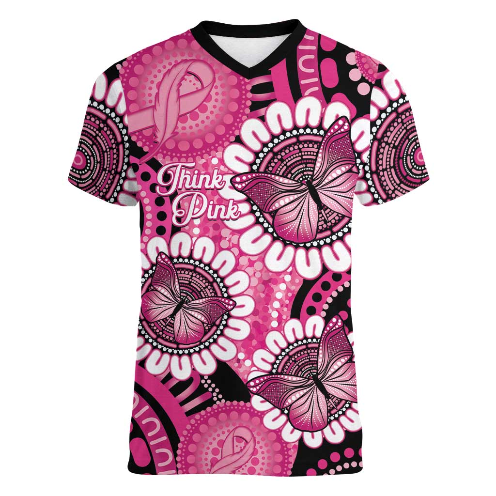 Personalised Australia Indigenous Women V-Neck T-Shirt Breast Cancer Ribbon Think Pink - Black Version LT14