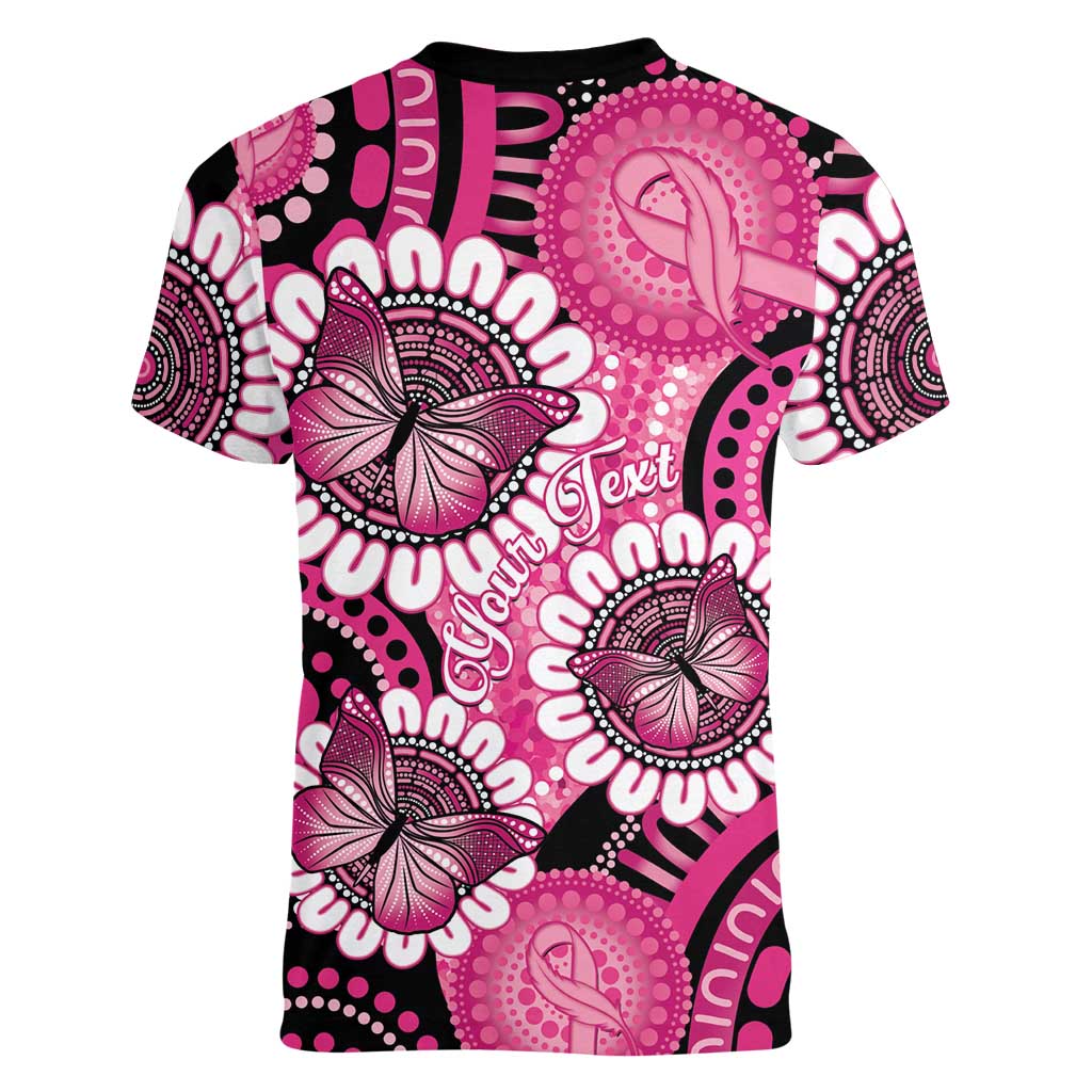 Personalised Australia Indigenous Women V-Neck T-Shirt Breast Cancer Ribbon Think Pink - Black Version LT14