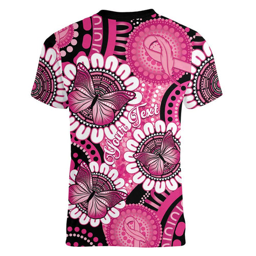 Personalised Australia Indigenous Women V-Neck T-Shirt Breast Cancer Ribbon Think Pink - Black Version LT14
