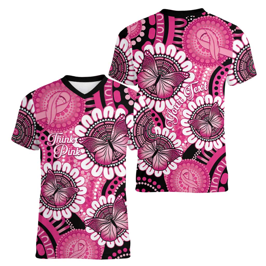 Personalised Australia Indigenous Women V-Neck T-Shirt Breast Cancer Ribbon Think Pink - Black Version LT14