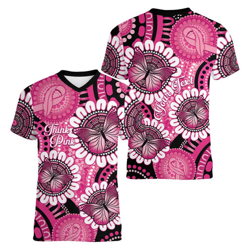 Personalised Australia Indigenous Women V-Neck T-Shirt Breast Cancer Ribbon Think Pink - Black Version LT14