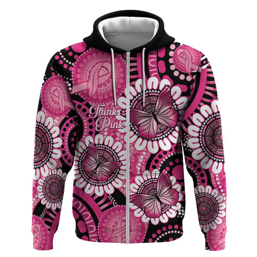 Personalised Australia Indigenous Zip Hoodie Breast Cancer Ribbon Think Pink - Black Version LT14