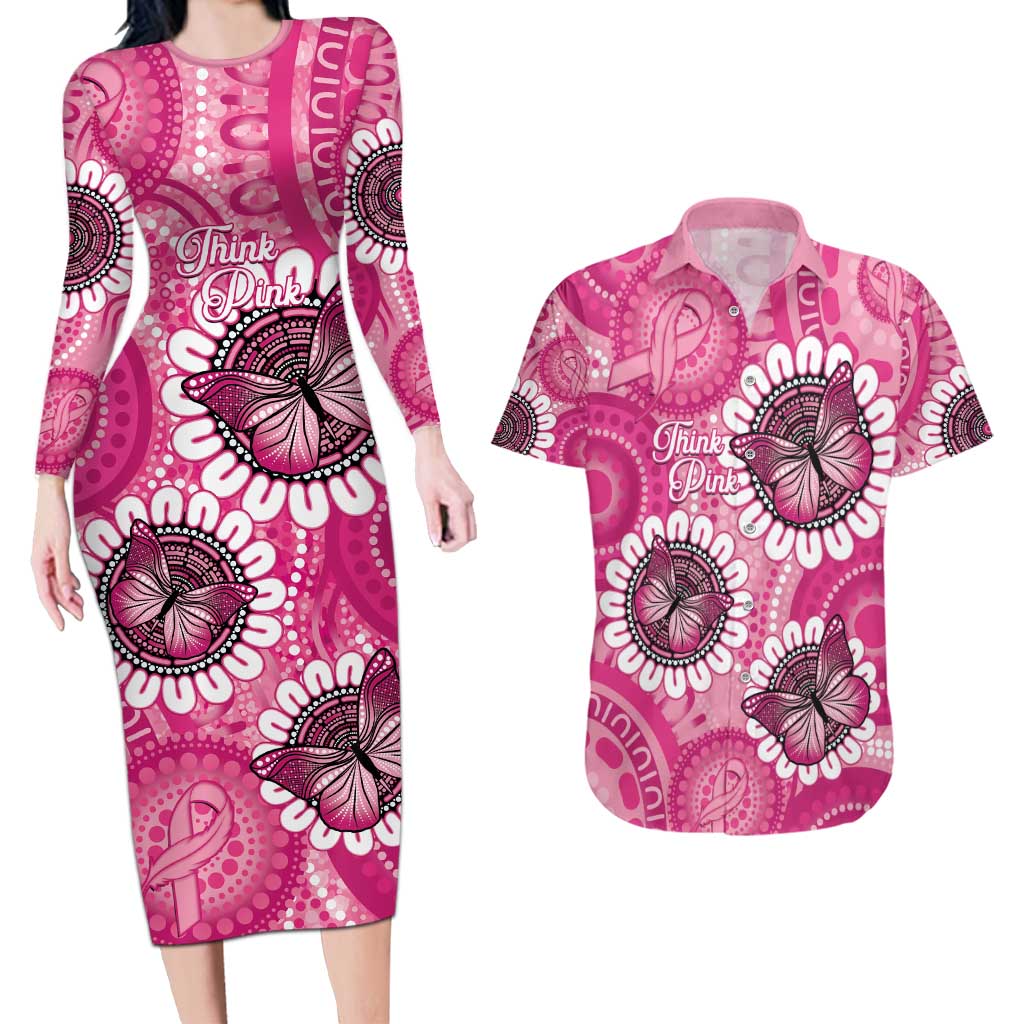 Personalised Australia Indigenous Couples Matching Long Sleeve Bodycon Dress and Hawaiian Shirt Breast Cancer Ribbon Think Pink - Pink Version LT14