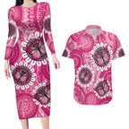 Personalised Australia Indigenous Couples Matching Long Sleeve Bodycon Dress and Hawaiian Shirt Breast Cancer Ribbon Think Pink - Pink Version LT14