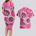 Personalised Australia Indigenous Couples Matching Long Sleeve Bodycon Dress and Hawaiian Shirt Breast Cancer Ribbon Think Pink - Pink Version LT14