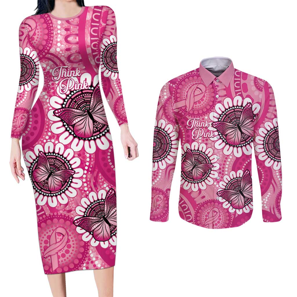 Personalised Australia Indigenous Couples Matching Long Sleeve Bodycon Dress and Long Sleeve Button Shirt Breast Cancer Ribbon Think Pink - Pink Version LT14
