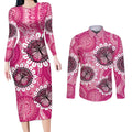 Personalised Australia Indigenous Couples Matching Long Sleeve Bodycon Dress and Long Sleeve Button Shirt Breast Cancer Ribbon Think Pink - Pink Version LT14