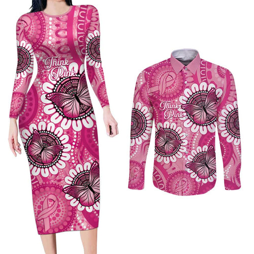 Personalised Australia Indigenous Couples Matching Long Sleeve Bodycon Dress and Long Sleeve Button Shirt Breast Cancer Ribbon Think Pink - Pink Version LT14