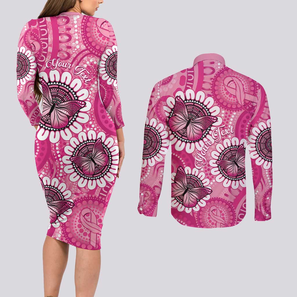 Personalised Australia Indigenous Couples Matching Long Sleeve Bodycon Dress and Long Sleeve Button Shirt Breast Cancer Ribbon Think Pink - Pink Version LT14