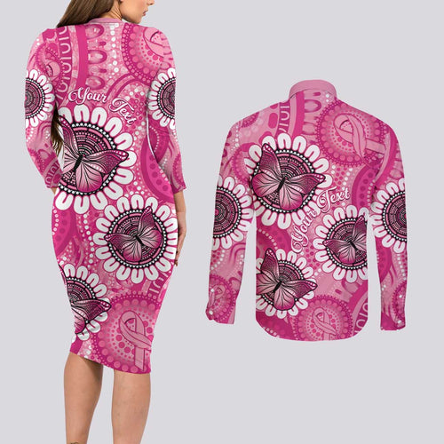 Personalised Australia Indigenous Couples Matching Long Sleeve Bodycon Dress and Long Sleeve Button Shirt Breast Cancer Ribbon Think Pink - Pink Version LT14