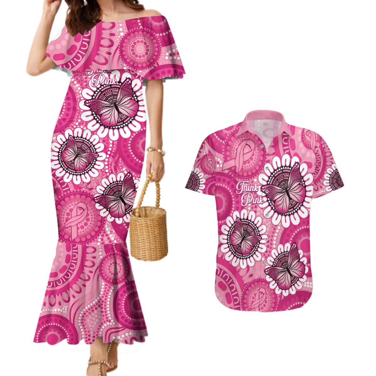 Personalised Australia Indigenous Couples Matching Mermaid Dress and Hawaiian Shirt Breast Cancer Ribbon Think Pink - Pink Version LT14