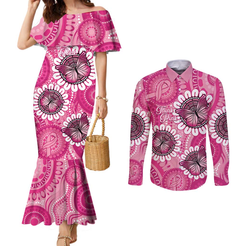 Personalised Australia Indigenous Couples Matching Mermaid Dress and Long Sleeve Button Shirt Breast Cancer Ribbon Think Pink - Pink Version LT14