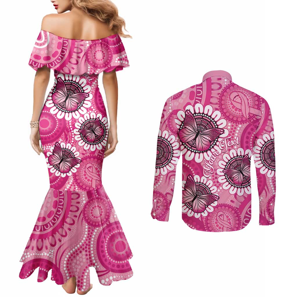 Personalised Australia Indigenous Couples Matching Mermaid Dress and Long Sleeve Button Shirt Breast Cancer Ribbon Think Pink - Pink Version LT14
