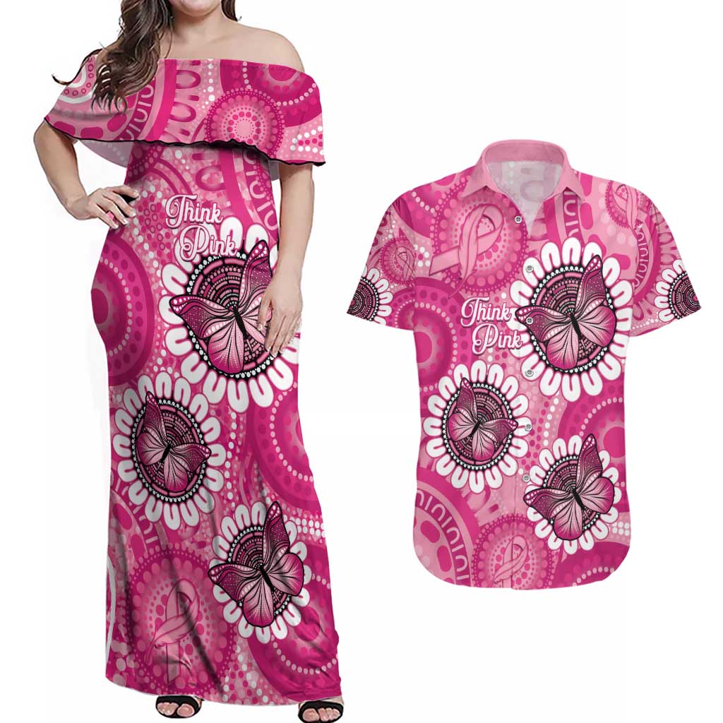 Personalised Australia Indigenous Couples Matching Off Shoulder Maxi Dress and Hawaiian Shirt Breast Cancer Ribbon Think Pink - Pink Version LT14