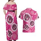 Personalised Australia Indigenous Couples Matching Off Shoulder Maxi Dress and Hawaiian Shirt Breast Cancer Ribbon Think Pink - Pink Version LT14