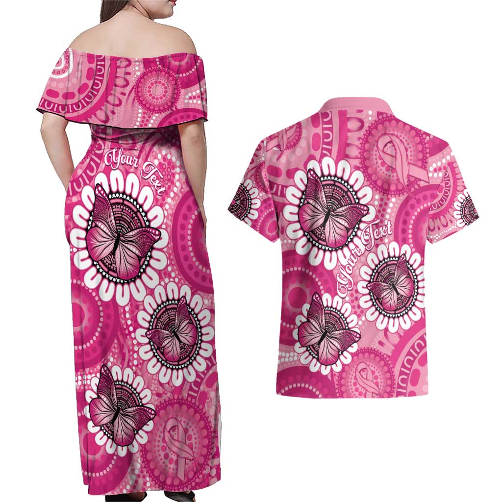 Personalised Australia Indigenous Couples Matching Off Shoulder Maxi Dress and Hawaiian Shirt Breast Cancer Ribbon Think Pink - Pink Version LT14