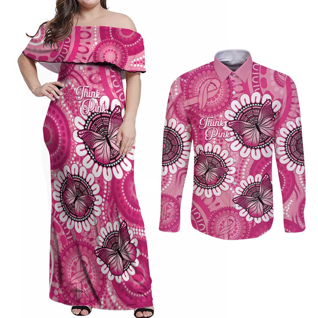 Personalised Australia Indigenous Couples Matching Off Shoulder Maxi Dress and Long Sleeve Button Shirt Breast Cancer Ribbon Think Pink - Pink Version LT14