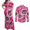 Personalised Australia Indigenous Couples Matching Off Shoulder Maxi Dress and Long Sleeve Button Shirt Breast Cancer Ribbon Think Pink - Pink Version LT14