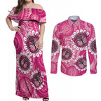Personalised Australia Indigenous Couples Matching Off Shoulder Maxi Dress and Long Sleeve Button Shirt Breast Cancer Ribbon Think Pink - Pink Version LT14
