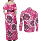 Personalised Australia Indigenous Couples Matching Off Shoulder Maxi Dress and Long Sleeve Button Shirt Breast Cancer Ribbon Think Pink - Pink Version LT14