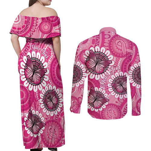 Personalised Australia Indigenous Couples Matching Off Shoulder Maxi Dress and Long Sleeve Button Shirt Breast Cancer Ribbon Think Pink - Pink Version LT14
