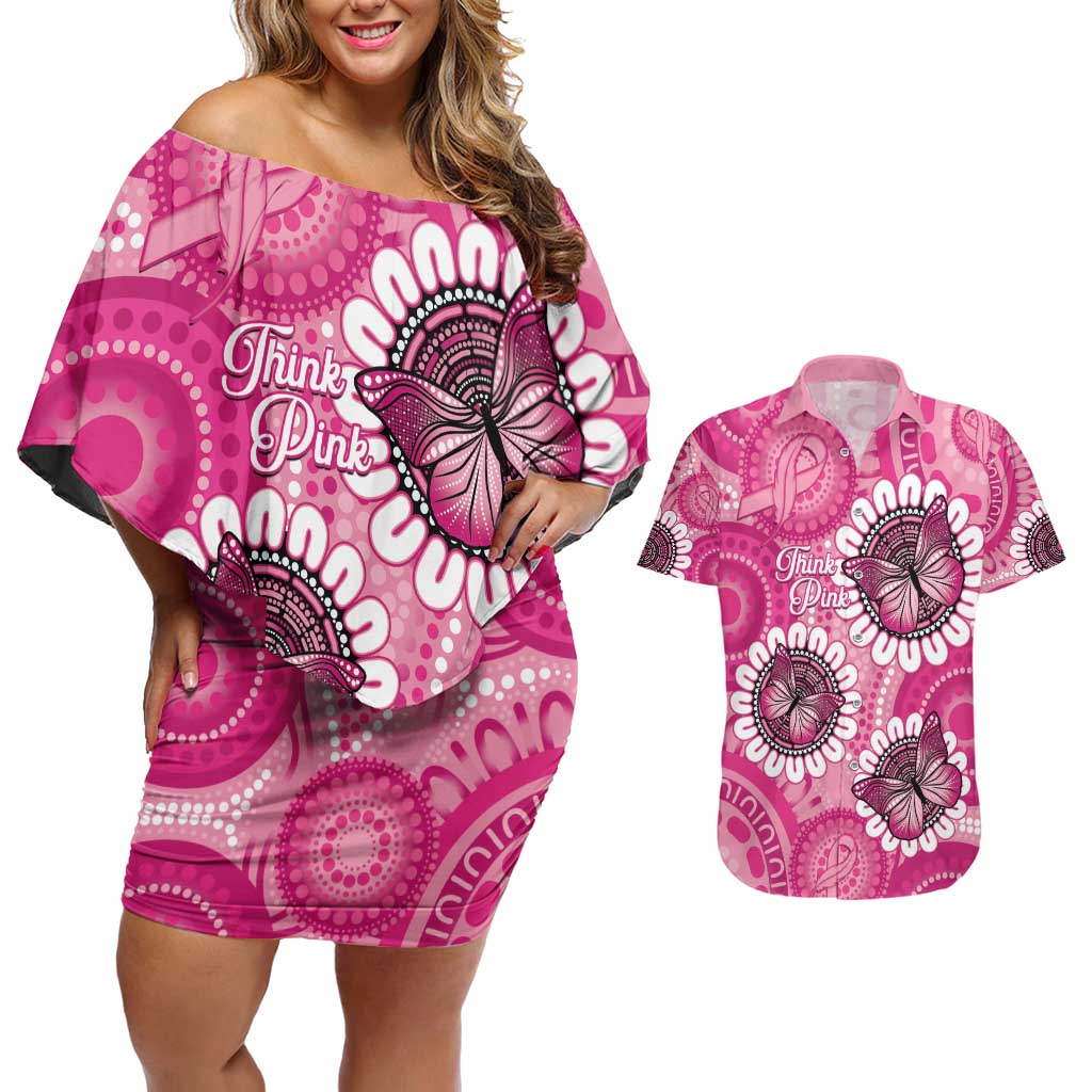 Personalised Australia Indigenous Couples Matching Off Shoulder Short Dress and Hawaiian Shirt Breast Cancer Ribbon Think Pink - Pink Version LT14
