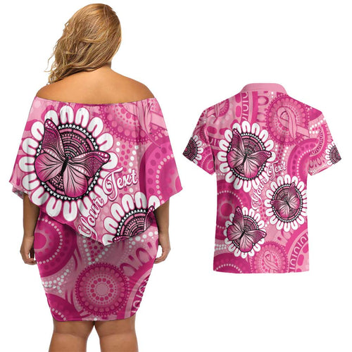 Personalised Australia Indigenous Couples Matching Off Shoulder Short Dress and Hawaiian Shirt Breast Cancer Ribbon Think Pink - Pink Version LT14