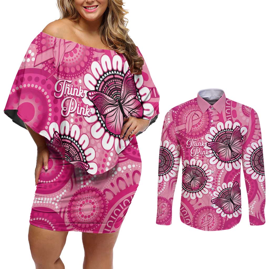 Personalised Australia Indigenous Couples Matching Off Shoulder Short Dress and Long Sleeve Button Shirt Breast Cancer Ribbon Think Pink - Pink Version LT14