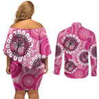 Personalised Australia Indigenous Couples Matching Off Shoulder Short Dress and Long Sleeve Button Shirt Breast Cancer Ribbon Think Pink - Pink Version LT14
