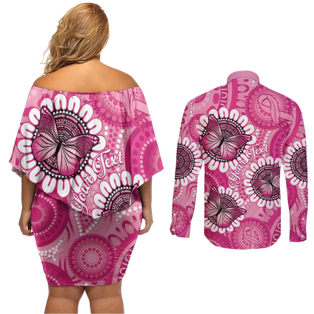 Personalised Australia Indigenous Couples Matching Off Shoulder Short Dress and Long Sleeve Button Shirt Breast Cancer Ribbon Think Pink - Pink Version LT14