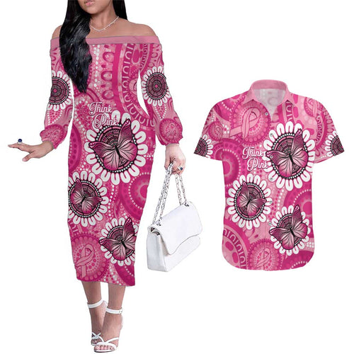 Personalised Australia Indigenous Couples Matching Off The Shoulder Long Sleeve Dress and Hawaiian Shirt Breast Cancer Ribbon Think Pink - Pink Version LT14