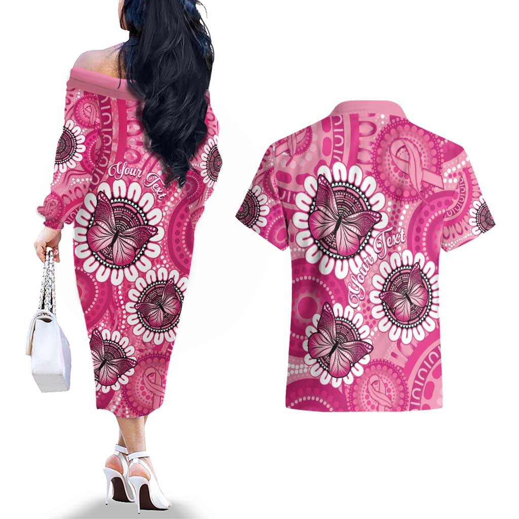 Personalised Australia Indigenous Couples Matching Off The Shoulder Long Sleeve Dress and Hawaiian Shirt Breast Cancer Ribbon Think Pink - Pink Version LT14