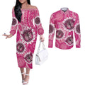 Personalised Australia Indigenous Couples Matching Off The Shoulder Long Sleeve Dress and Long Sleeve Button Shirt Breast Cancer Ribbon Think Pink - Pink Version LT14
