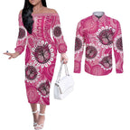 Personalised Australia Indigenous Couples Matching Off The Shoulder Long Sleeve Dress and Long Sleeve Button Shirt Breast Cancer Ribbon Think Pink - Pink Version LT14