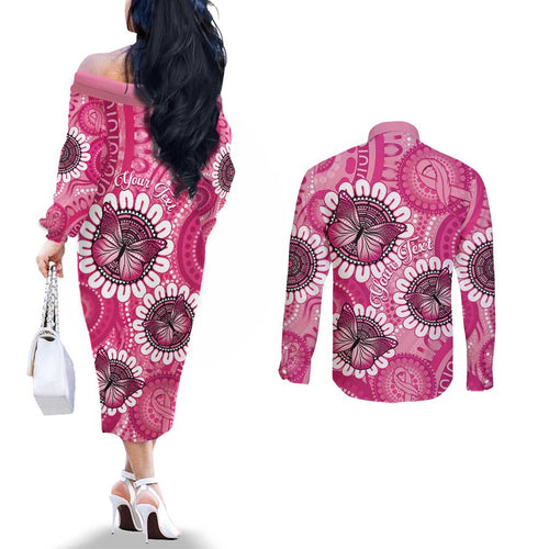 Personalised Australia Indigenous Couples Matching Off The Shoulder Long Sleeve Dress and Long Sleeve Button Shirt Breast Cancer Ribbon Think Pink - Pink Version LT14