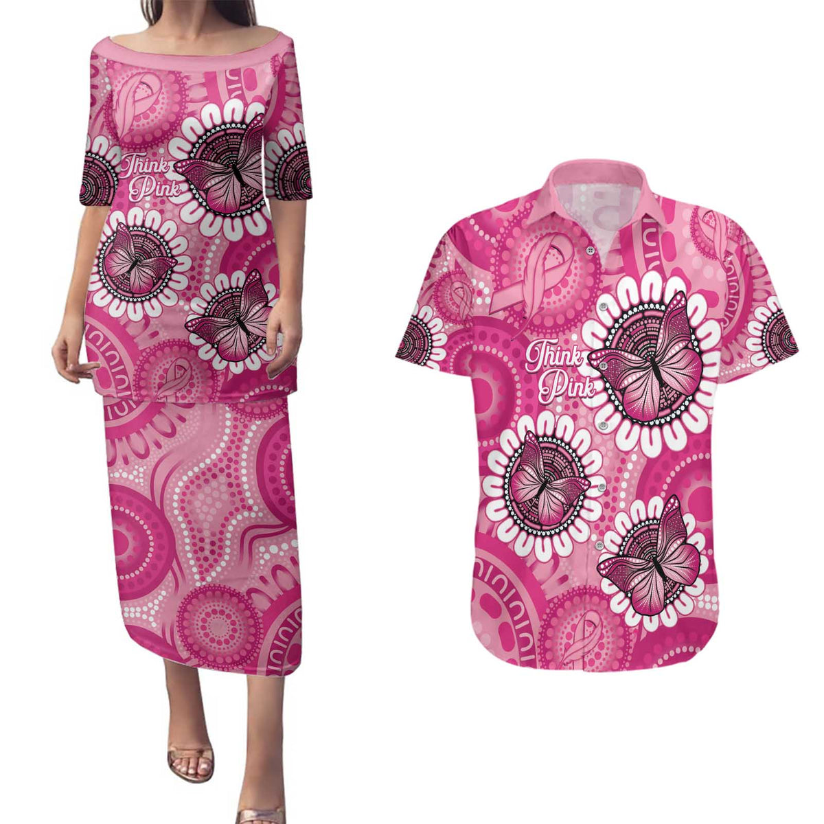 Personalised Australia Indigenous Couples Matching Puletasi and Hawaiian Shirt Breast Cancer Ribbon Think Pink - Pink Version LT14