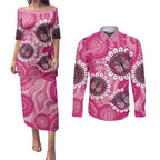 Personalised Australia Indigenous Couples Matching Puletasi and Long Sleeve Button Shirt Breast Cancer Ribbon Think Pink - Pink Version LT14