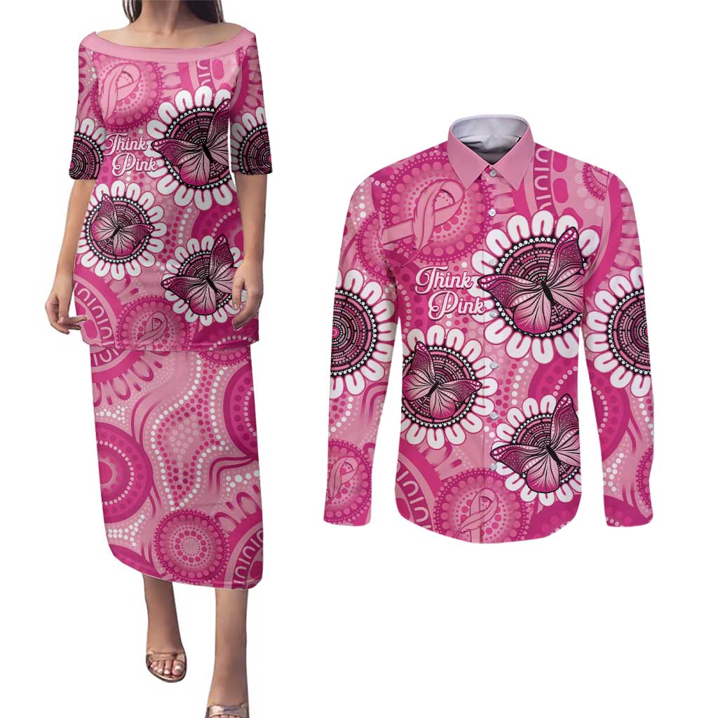 Personalised Australia Indigenous Couples Matching Puletasi and Long Sleeve Button Shirt Breast Cancer Ribbon Think Pink - Pink Version LT14