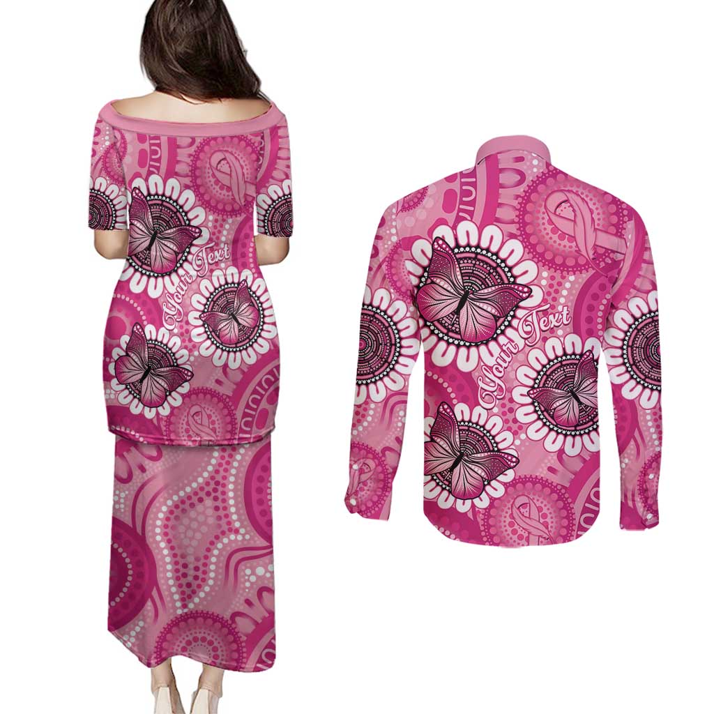 Personalised Australia Indigenous Couples Matching Puletasi and Long Sleeve Button Shirt Breast Cancer Ribbon Think Pink - Pink Version LT14