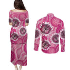 Personalised Australia Indigenous Couples Matching Puletasi and Long Sleeve Button Shirt Breast Cancer Ribbon Think Pink - Pink Version LT14