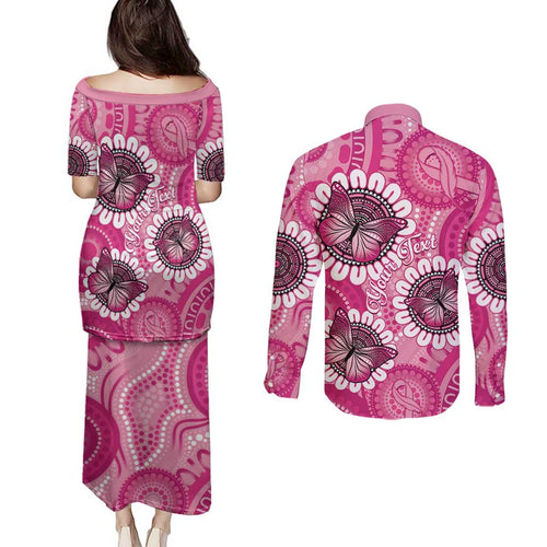 Personalised Australia Indigenous Couples Matching Puletasi and Long Sleeve Button Shirt Breast Cancer Ribbon Think Pink - Pink Version LT14