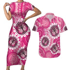 Personalised Australia Indigenous Couples Matching Short Sleeve Bodycon Dress and Hawaiian Shirt Breast Cancer Ribbon Think Pink - Pink Version LT14