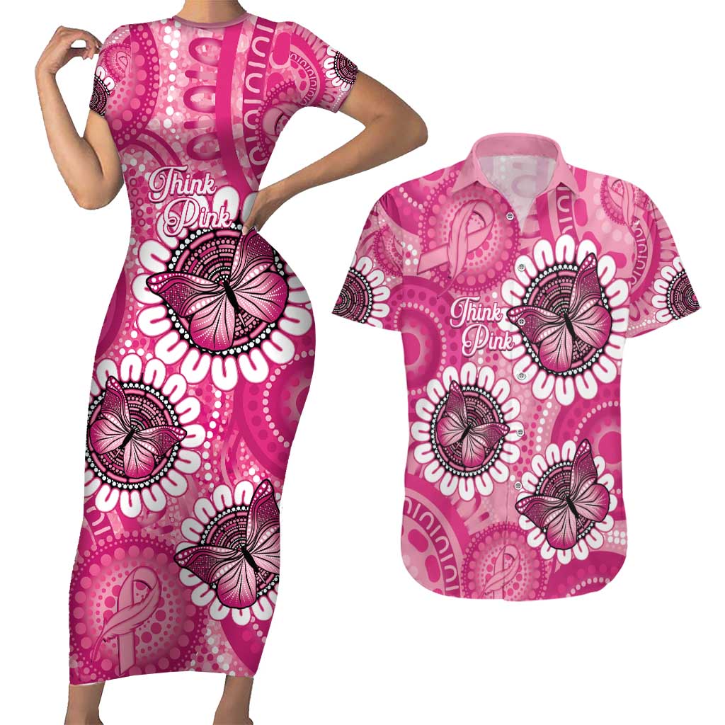 Personalised Australia Indigenous Couples Matching Short Sleeve Bodycon Dress and Hawaiian Shirt Breast Cancer Ribbon Think Pink - Pink Version LT14
