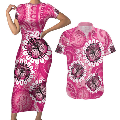 Personalised Australia Indigenous Couples Matching Short Sleeve Bodycon Dress and Hawaiian Shirt Breast Cancer Ribbon Think Pink - Pink Version LT14